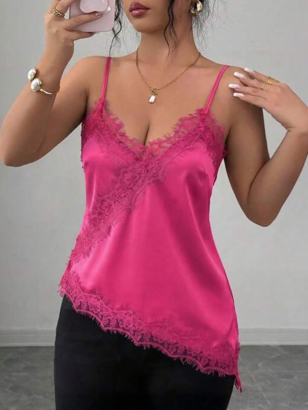 Lace Trim Satin Cami Top - Pink